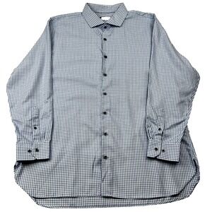Broletto Dress Shirt Mens 18.5 White Blue Herringbone Pleated Trim Fit Business